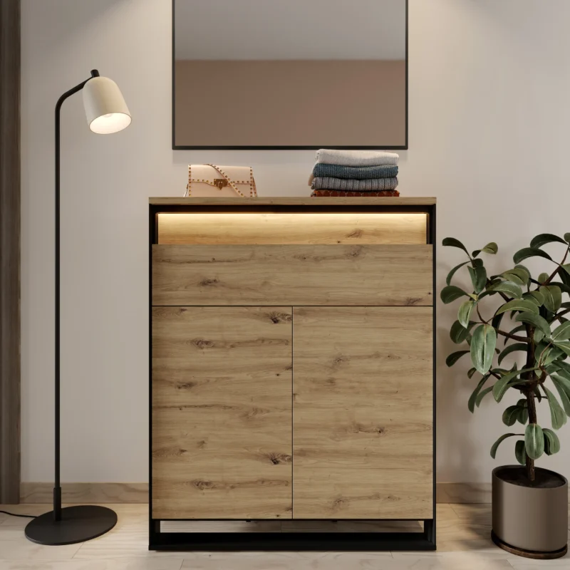 QUANT GARDEROBA komoda 2d1s z oświetleniem – dąb artisan/czarny
