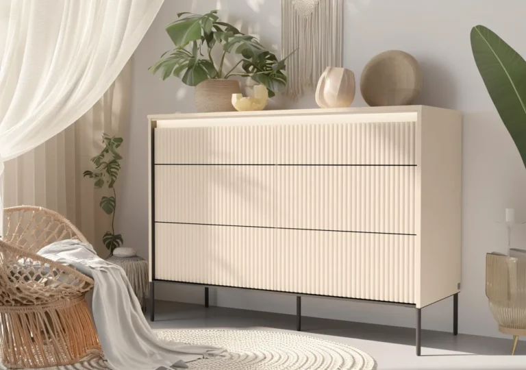 TREND SYPIALNIA komoda 6s z oświetleniem - beż piaskowy/czarny
