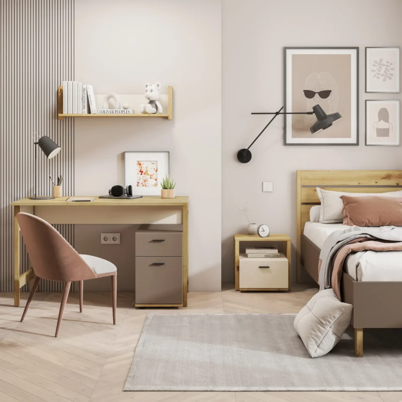 LENNY łóżko 90 cm ze stelażem – dąb artisan/beż/truflowy