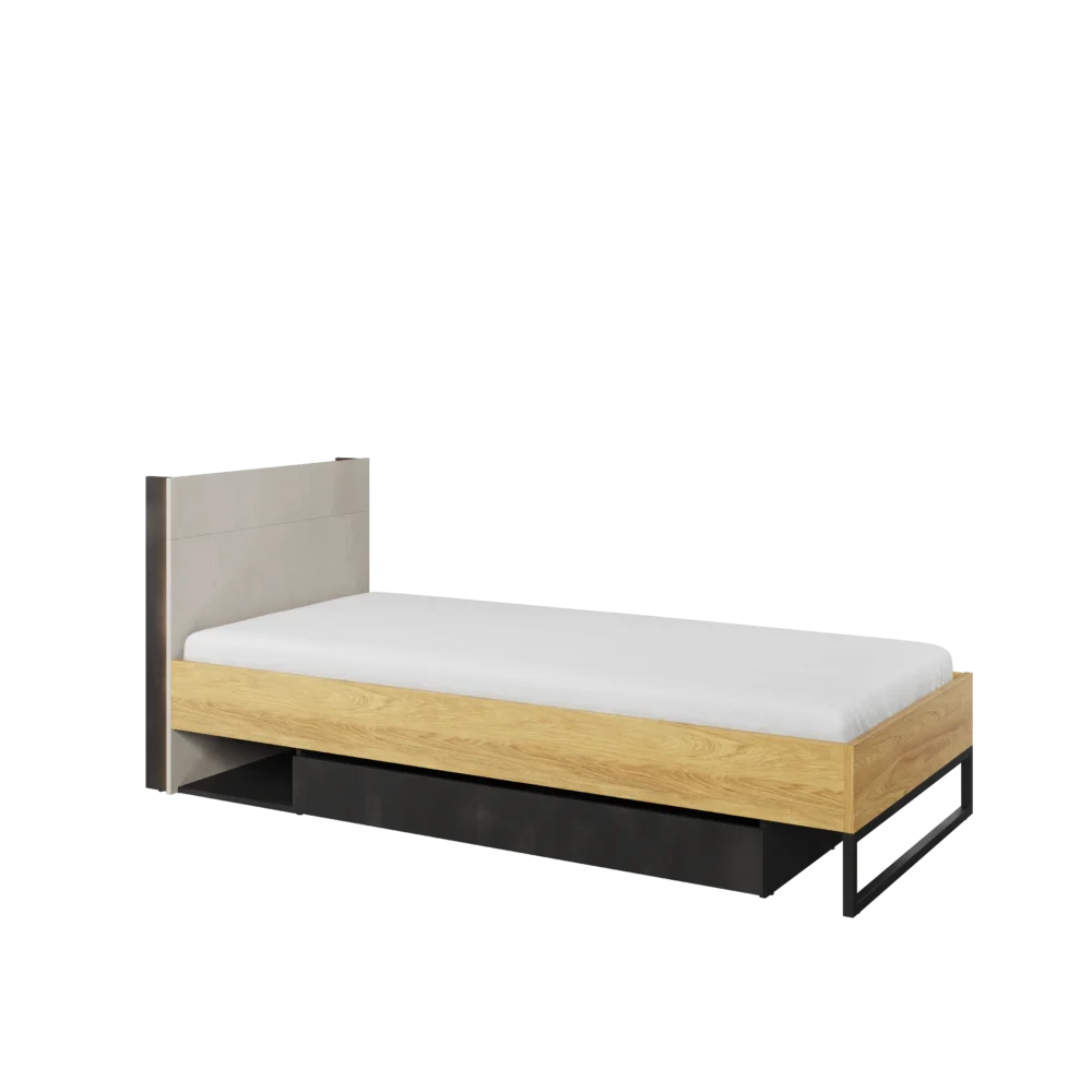 TEEN FLEX łóżko 90 cm ze stelażem – hikora naturalna/silk flou/surowa stal