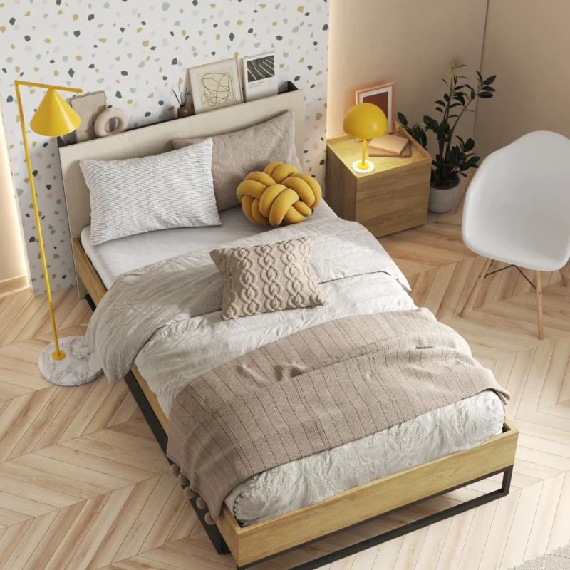 TEEN FLEX łóżko 120 cm ze stelażem – hikora naturalna/silk flou/surowa stal